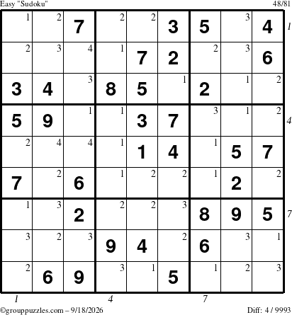 The grouppuzzles.com Easy Sudoku puzzle for Friday September 18, 2026 with all 4 steps marked