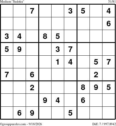 The grouppuzzles.com Medium Sudoku puzzle for Friday September 18, 2026