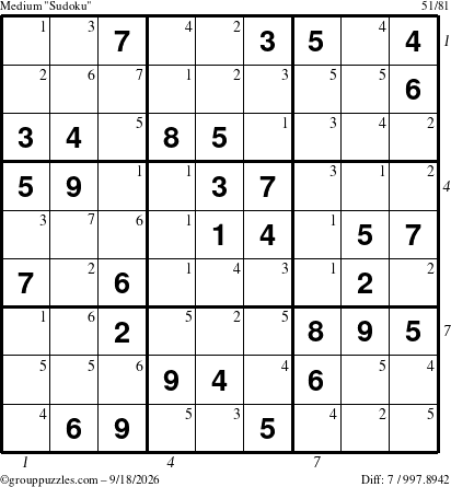 The grouppuzzles.com Medium Sudoku puzzle for Friday September 18, 2026, suitable for printing, with all 7 steps marked