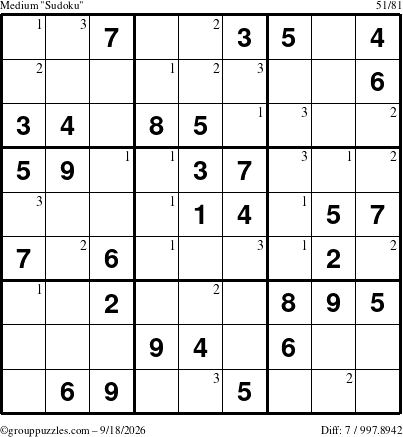 The grouppuzzles.com Medium Sudoku puzzle for Friday September 18, 2026 with the first 3 steps marked