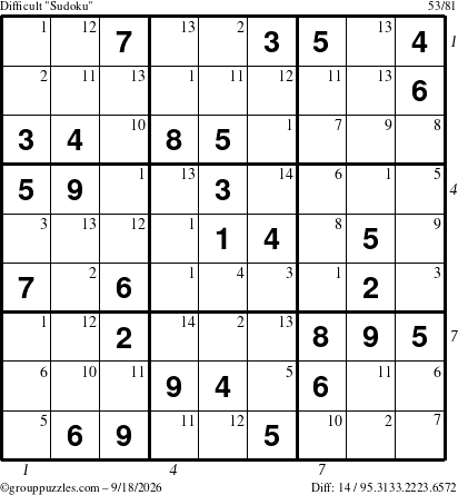 The grouppuzzles.com Difficult Sudoku puzzle for Friday September 18, 2026 with all 14 steps marked