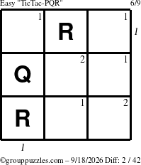 The grouppuzzles.com Easy TicTac-PQR puzzle for Friday September 18, 2026 with all 2 steps marked