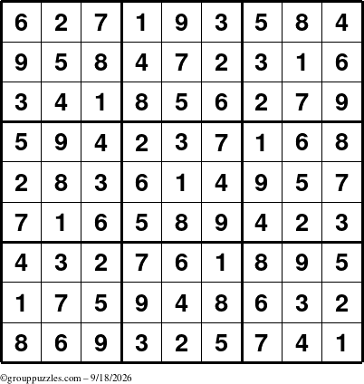 The grouppuzzles.com Answer grid for the Sudoku puzzle for Friday September 18, 2026