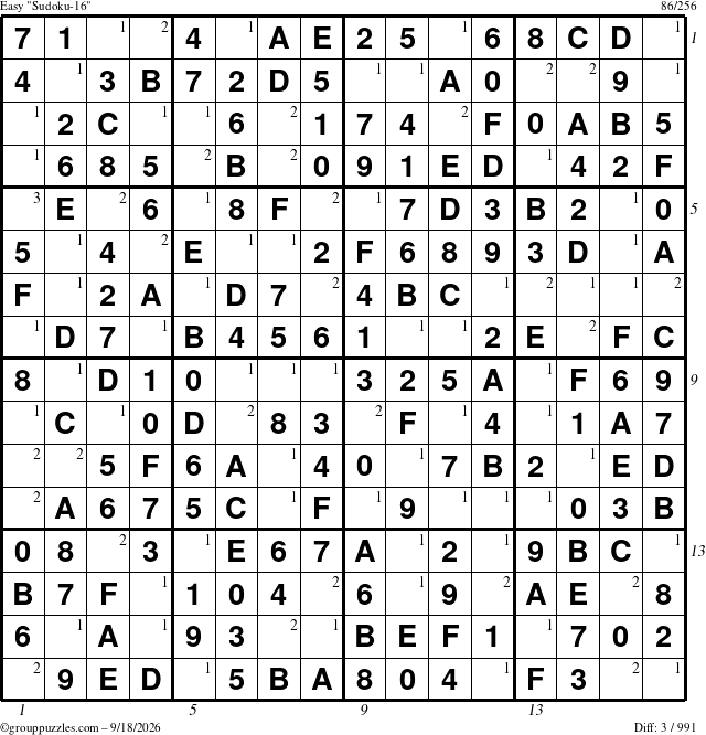 The grouppuzzles.com Easy Sudoku-16 puzzle for Friday September 18, 2026 with all 3 steps marked