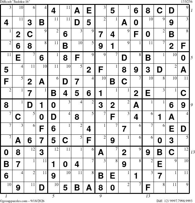 The grouppuzzles.com Difficult Sudoku-16 puzzle for Friday September 18, 2026 with all 12 steps marked