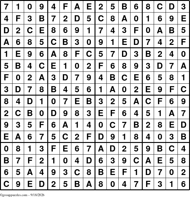 The grouppuzzles.com Answer grid for the Sudoku-16 puzzle for Friday September 18, 2026