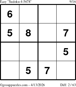 The grouppuzzles.com Easy Sudoku-4-5678 puzzle for Monday April 13, 2026