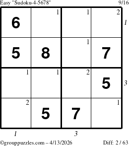 The grouppuzzles.com Easy Sudoku-4-5678 puzzle for Monday April 13, 2026, suitable for printing, with all 2 steps marked