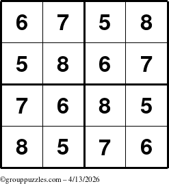 The grouppuzzles.com Answer grid for the Sudoku-4-5678 puzzle for Monday April 13, 2026