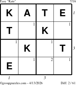 The grouppuzzles.com Easy Kate puzzle for Monday April 13, 2026, suitable for printing, with all 2 steps marked