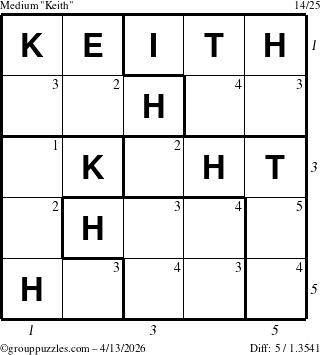 The grouppuzzles.com Medium Keith puzzle for Monday April 13, 2026, suitable for printing, with all 5 steps marked