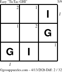 The grouppuzzles.com Easy TicTac-GHI puzzle for Monday April 13, 2026, suitable for printing, with all 2 steps marked