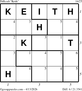 The grouppuzzles.com Difficult Keith puzzle for Monday April 13, 2026 with all 6 steps marked