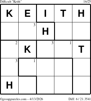 The grouppuzzles.com Difficult Keith puzzle for Monday April 13, 2026 with the first 3 steps marked