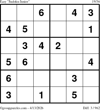 The grouppuzzles.com Easy Sudoku-Junior puzzle for Monday April 13, 2026