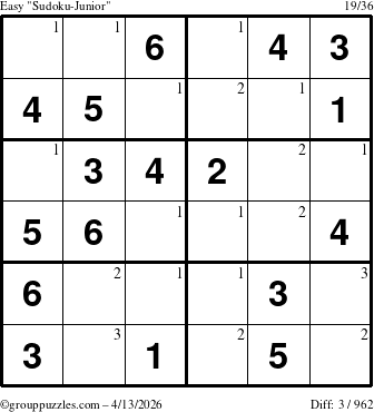 The grouppuzzles.com Easy Sudoku-Junior puzzle for Monday April 13, 2026 with the first 3 steps marked