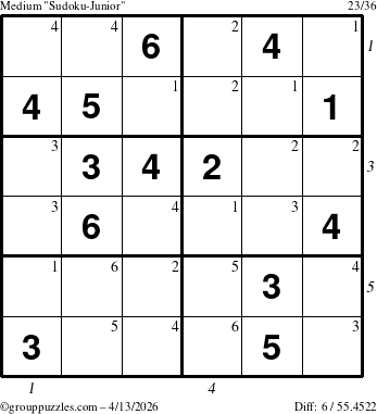 The grouppuzzles.com Medium Sudoku-Junior puzzle for Monday April 13, 2026 with all 6 steps marked