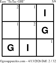 The grouppuzzles.com Easy TicTac-GHI puzzle for Monday April 13, 2026 with the first 2 steps marked