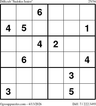 The grouppuzzles.com Difficult Sudoku-Junior puzzle for Monday April 13, 2026