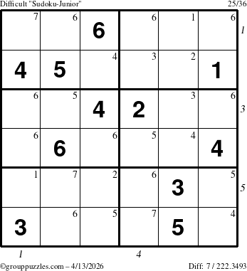 The grouppuzzles.com Difficult Sudoku-Junior puzzle for Monday April 13, 2026 with all 7 steps marked