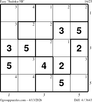 The grouppuzzles.com Easy Sudoku-5B puzzle for Monday April 13, 2026 with all 4 steps marked