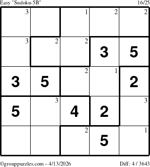 The grouppuzzles.com Easy Sudoku-5B puzzle for Monday April 13, 2026 with the first 3 steps marked