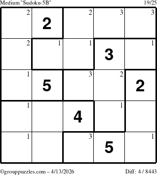 The grouppuzzles.com Medium Sudoku-5B puzzle for Monday April 13, 2026 with the first 3 steps marked