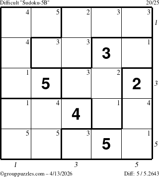 The grouppuzzles.com Difficult Sudoku-5B puzzle for Monday April 13, 2026, suitable for printing, with all 5 steps marked