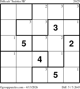 The grouppuzzles.com Difficult Sudoku-5B puzzle for Monday April 13, 2026 with the first 3 steps marked