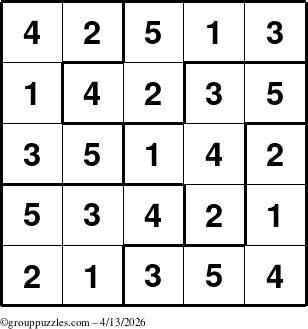 The grouppuzzles.com Answer grid for the Sudoku-5B puzzle for Monday April 13, 2026