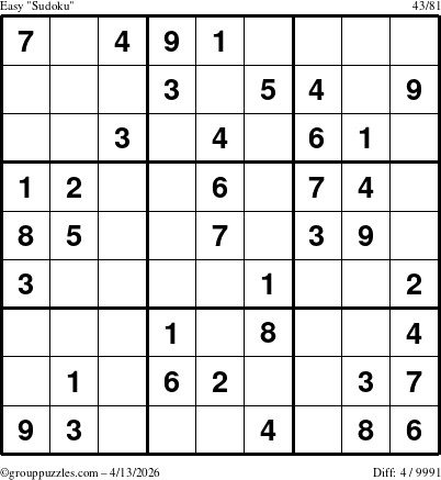 The grouppuzzles.com Easy Sudoku puzzle for Monday April 13, 2026
