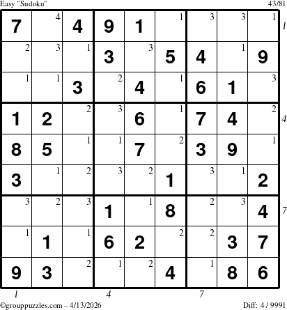 The grouppuzzles.com Easy Sudoku puzzle for Monday April 13, 2026 with all 4 steps marked