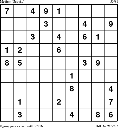 The grouppuzzles.com Medium Sudoku puzzle for Monday April 13, 2026