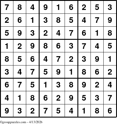 The grouppuzzles.com Answer grid for the Sudoku puzzle for Monday April 13, 2026