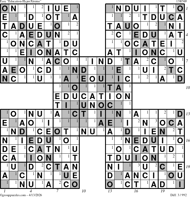 The grouppuzzles.com Easy Education-HyperXtreme puzzle for Monday April 13, 2026 with all 3 steps marked