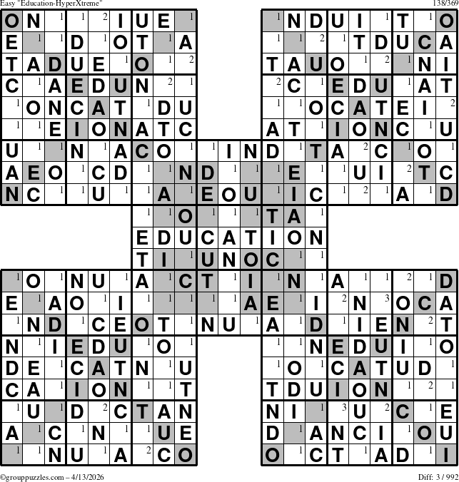 The grouppuzzles.com Easy Education-HyperXtreme puzzle for Monday April 13, 2026 with the first 3 steps marked
