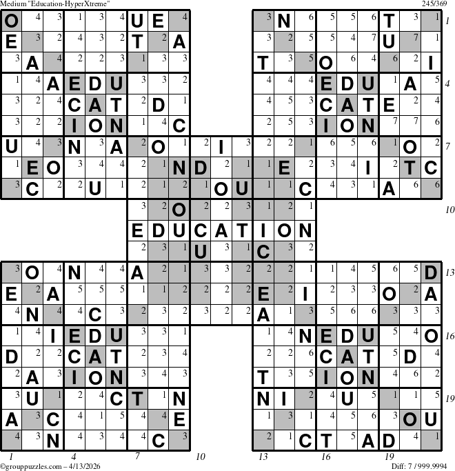 The grouppuzzles.com Medium Education-HyperXtreme puzzle for Monday April 13, 2026, suitable for printing, with all 7 steps marked