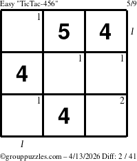 The grouppuzzles.com Easy TicTac-456 puzzle for Monday April 13, 2026, suitable for printing, with all 2 steps marked