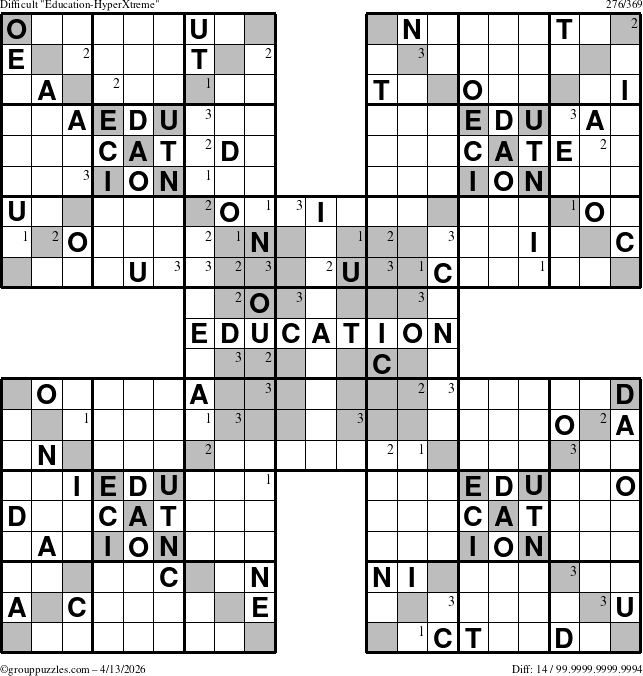 The grouppuzzles.com Difficult Education-HyperXtreme puzzle for Monday April 13, 2026 with the first 3 steps marked