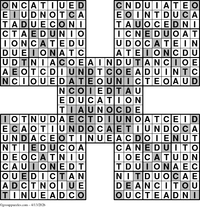 The grouppuzzles.com Answer grid for the Education-HyperXtreme puzzle for Monday April 13, 2026