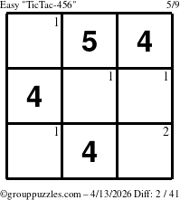 The grouppuzzles.com Easy TicTac-456 puzzle for Monday April 13, 2026 with the first 2 steps marked