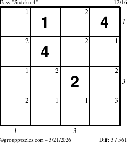The grouppuzzles.com Easy Sudoku-4 puzzle for Saturday March 21, 2026, suitable for printing, with all 3 steps marked