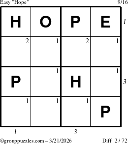 The grouppuzzles.com Easy Hope puzzle for Saturday March 21, 2026, suitable for printing, with all 2 steps marked