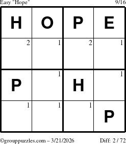 The grouppuzzles.com Easy Hope puzzle for Saturday March 21, 2026 with the first 2 steps marked