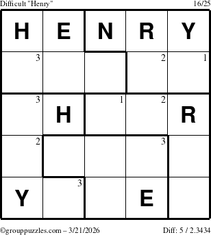 The grouppuzzles.com Difficult Henry puzzle for Saturday March 21, 2026 with the first 3 steps marked
