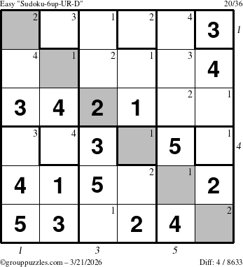 The grouppuzzles.com Easy Sudoku-6up-UR-D puzzle for Saturday March 21, 2026, suitable for printing, with all 4 steps marked