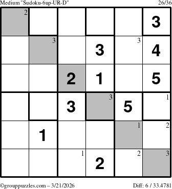 The grouppuzzles.com Medium Sudoku-6up-UR-D puzzle for Saturday March 21, 2026 with the first 3 steps marked