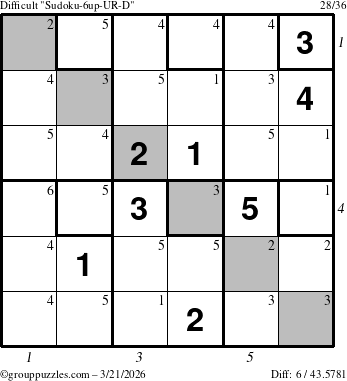 The grouppuzzles.com Difficult Sudoku-6up-UR-D puzzle for Saturday March 21, 2026 with all 6 steps marked