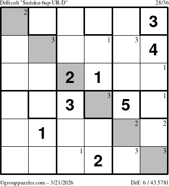 The grouppuzzles.com Difficult Sudoku-6up-UR-D puzzle for Saturday March 21, 2026 with the first 3 steps marked