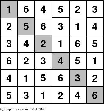 The grouppuzzles.com Answer grid for the Sudoku-6up-UR-D puzzle for Saturday March 21, 2026